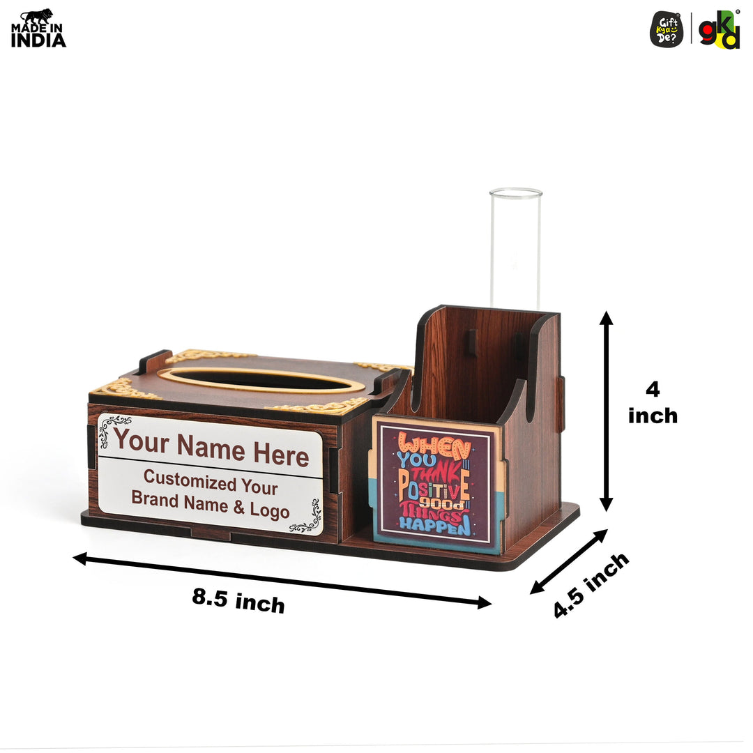 Gift Kya De Wooden Desk Organizer with Tissue Holder and Test Tube Planter, Multipurpose Office and Home Desk Accessory – Customizable with Name and Logo