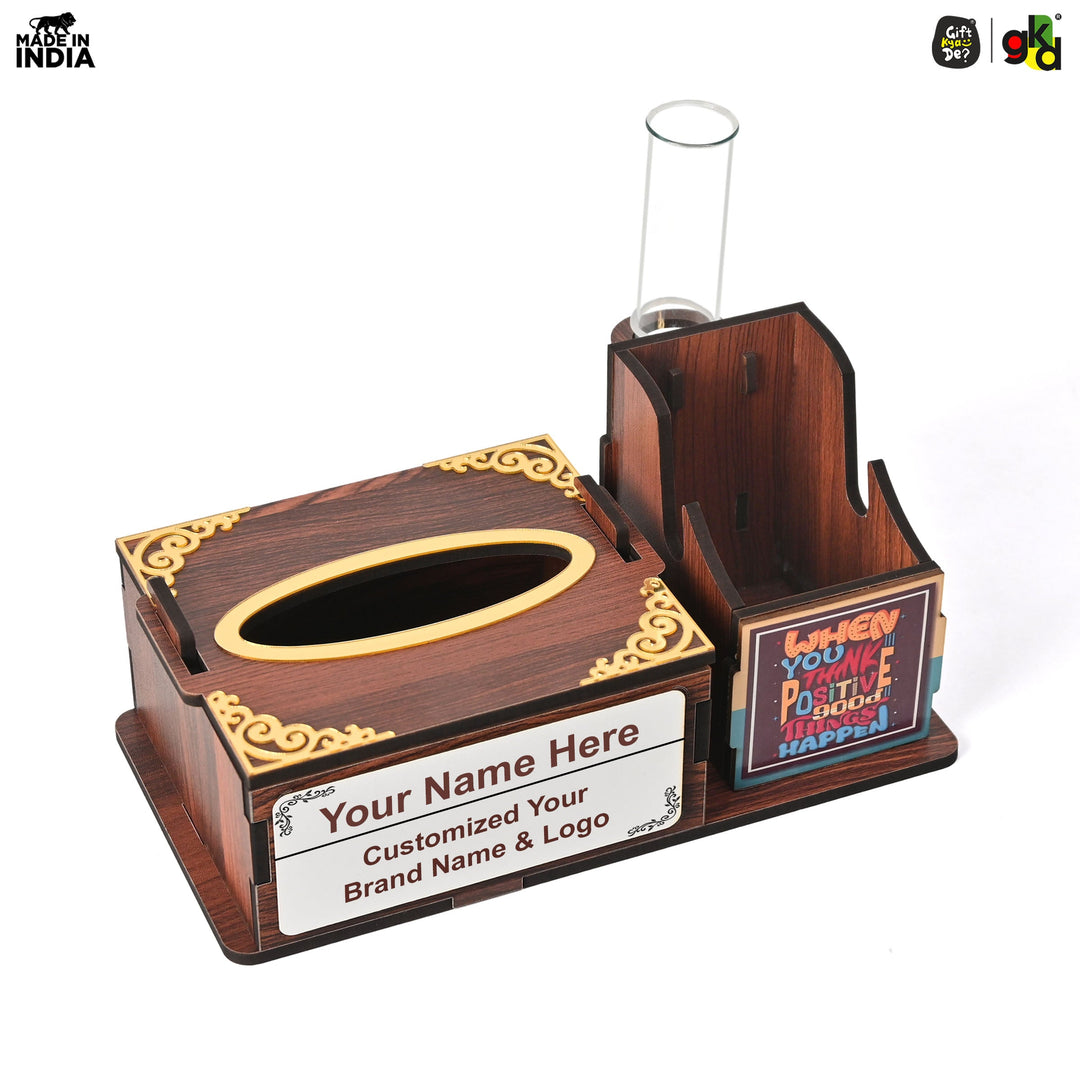 Gift Kya De Wooden Desk Organizer with Tissue Holder and Test Tube Planter, Multipurpose Office and Home Desk Accessory – Customizable with Name and Logo