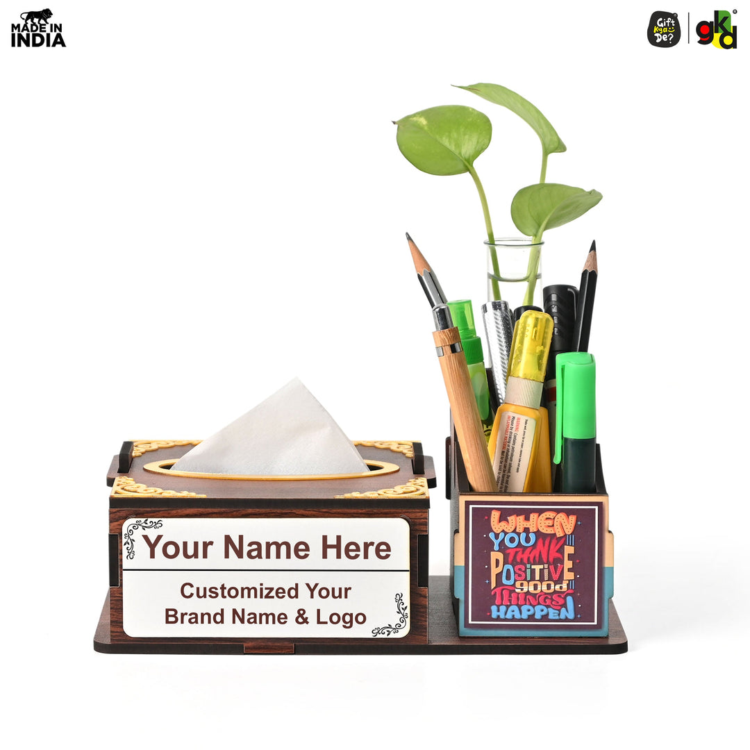 Gift Kya De Wooden Desk Organizer with Tissue Holder and Test Tube Planter, Multipurpose Office and Home Desk Accessory – Customizable with Name and Logo