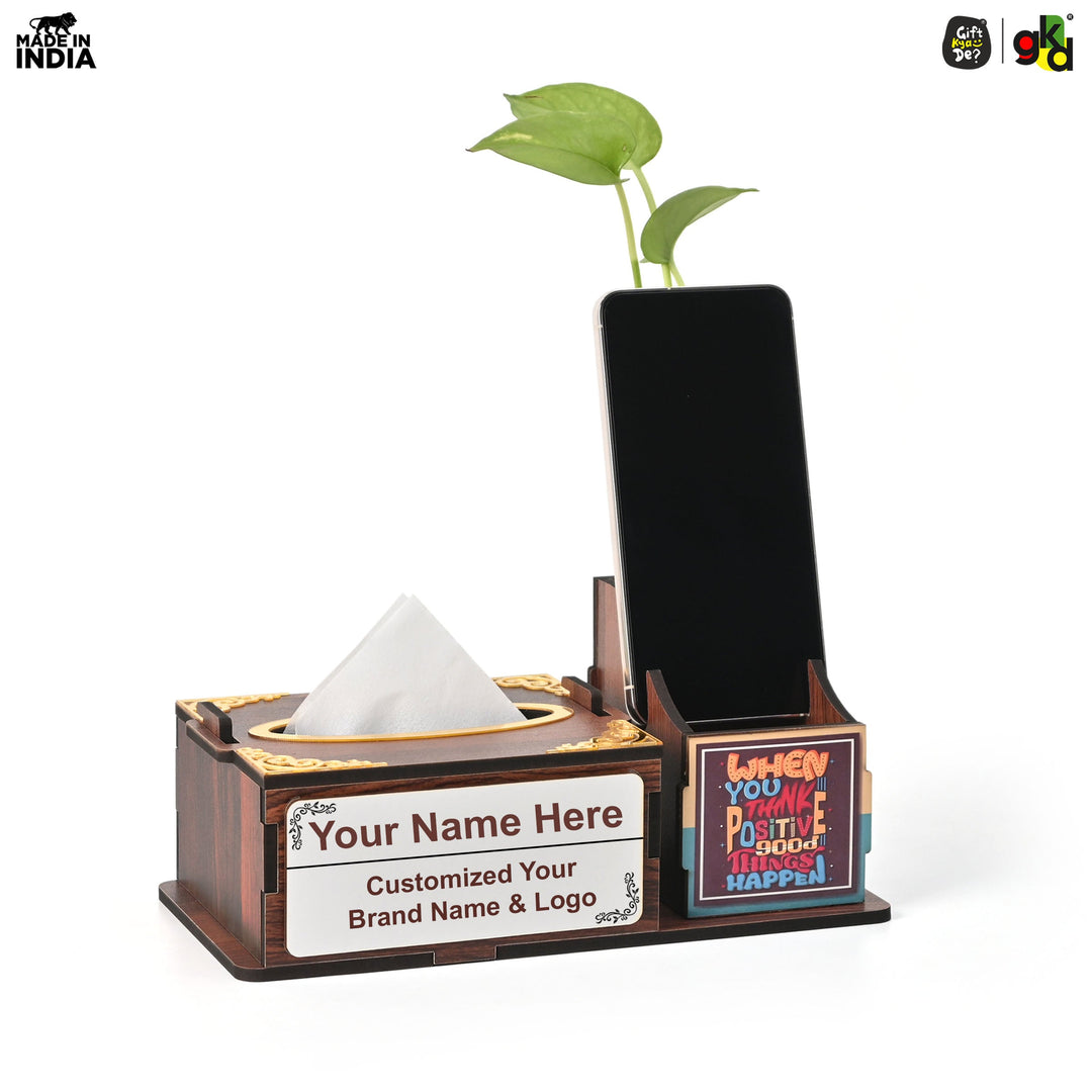 Gift Kya De Wooden Desk Organizer with Tissue Holder and Test Tube Planter, Multipurpose Office and Home Desk Accessory – Customizable with Name and Logo