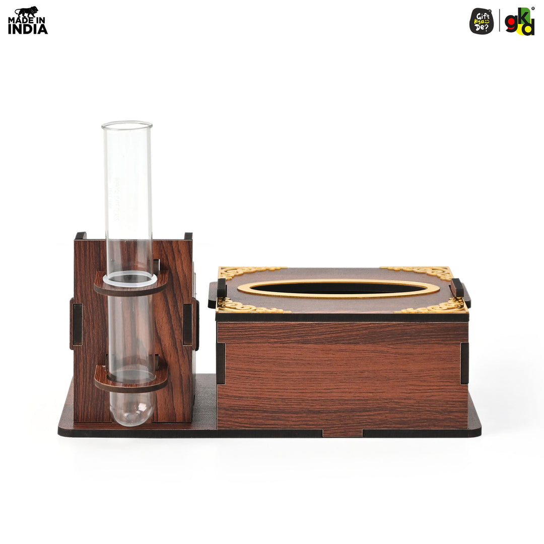 Gift Kya De Wooden Desk Organizer with Tissue Holder and Test Tube Planter, Multipurpose Office and Home Desk Accessory – Customizable with Name and Logo