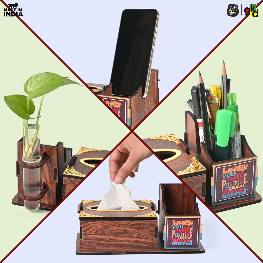 Gift Kya De Wooden Desk Organizer with Tissue Holder and Test Tube Planter, Multipurpose Office and Home Desk Accessory – Customizable with Name and Logo