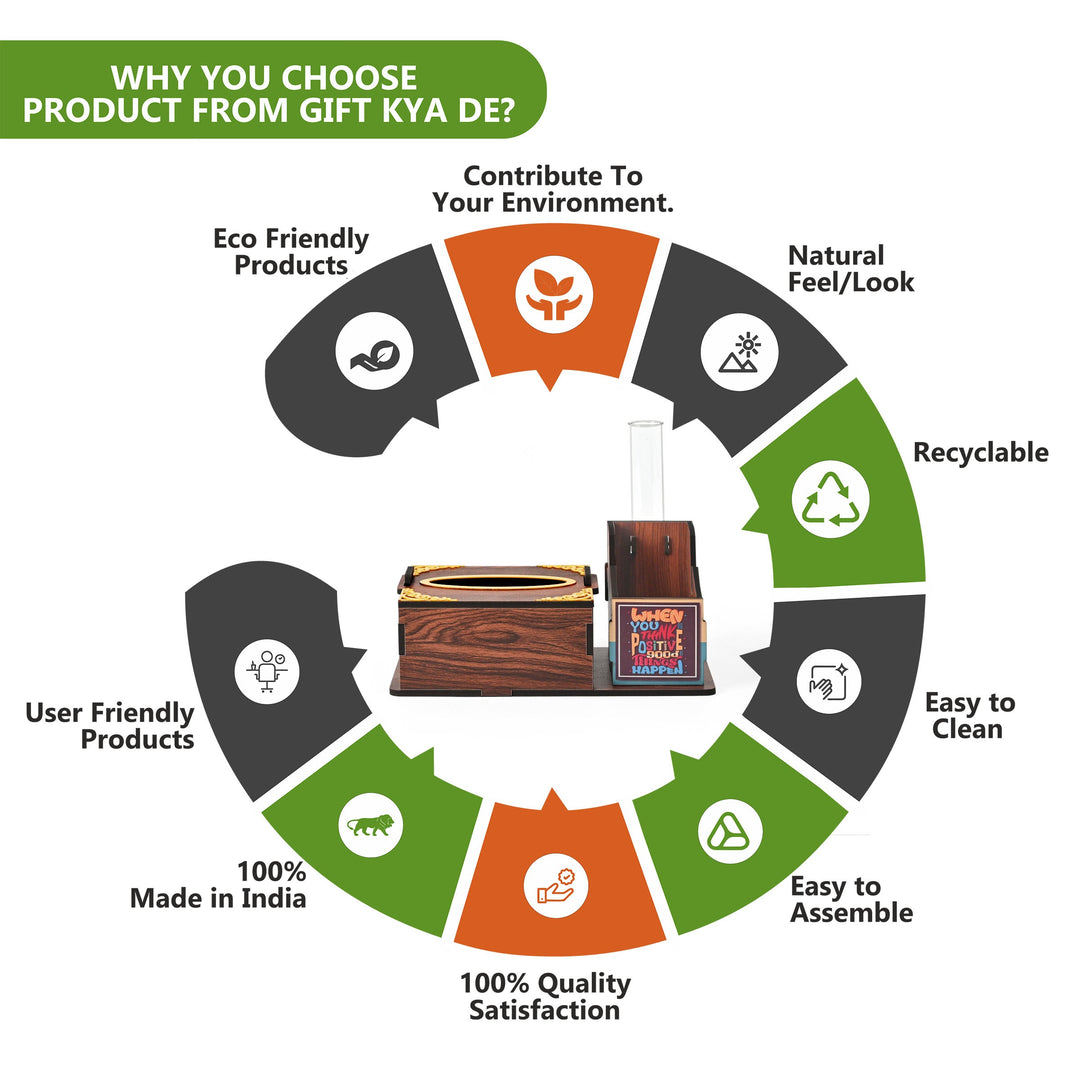 Gift Kya De Wooden Desk Organizer with Tissue Holder and Test Tube Planter, Multipurpose Office and Home Desk Accessory – Customizable with Name and Logo