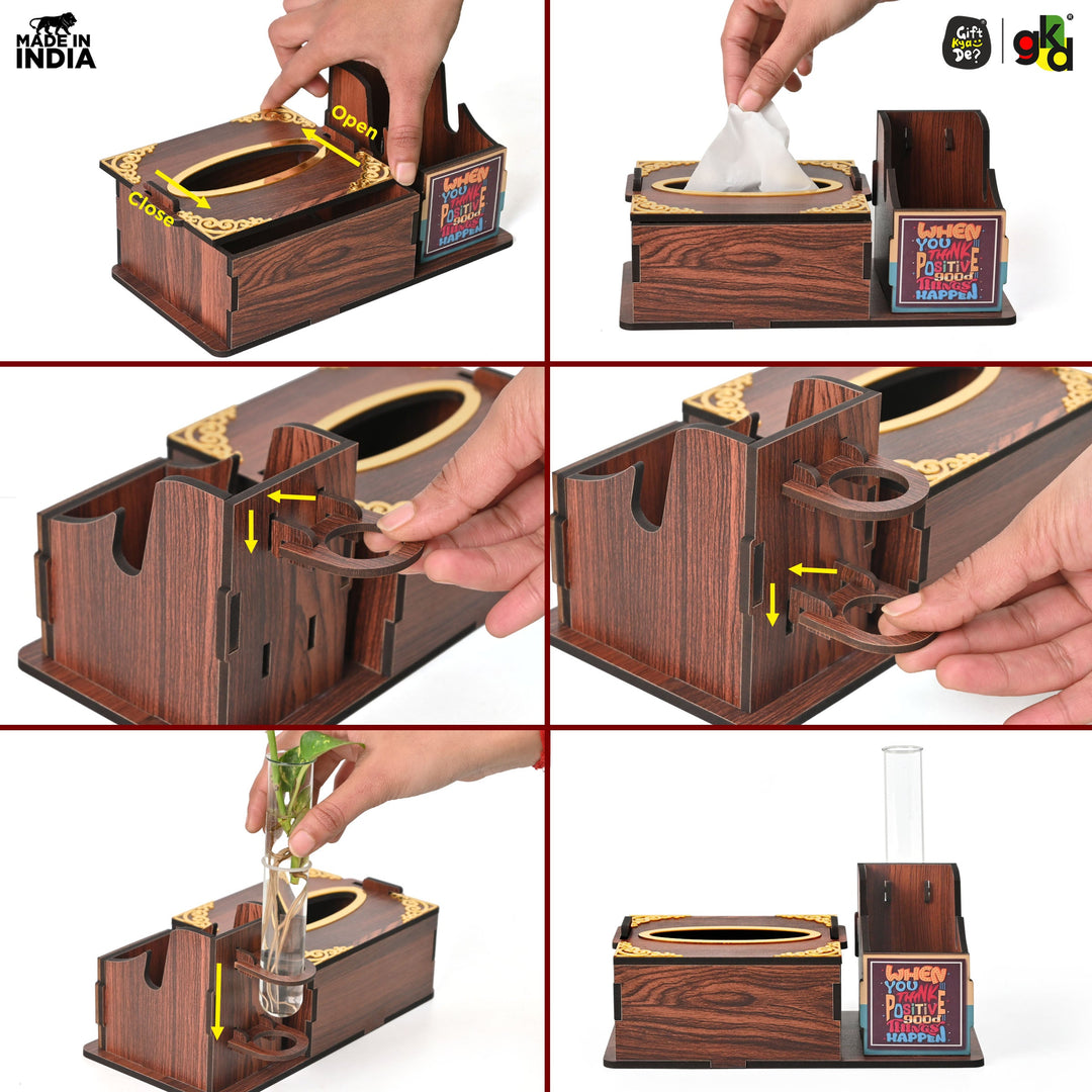 Gift Kya De Wooden Desk Organizer with Tissue Holder and Test Tube Planter, Multipurpose Office and Home Desk Accessory – Customizable with Name and Logo