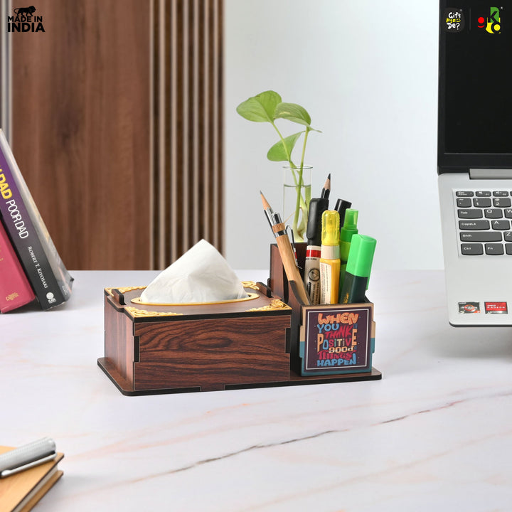Gift Kya De Wooden Desk Organizer with Tissue Holder and Test Tube Planter, Multipurpose Office and Home Desk Accessory – Customizable with Name and Logo