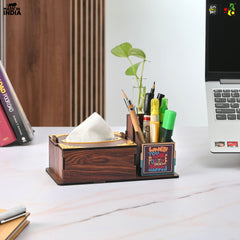Gift Kya De Wooden Desk Organizer with Tissue Holder and Test Tube Planter, Multipurpose Office and Home Desk Accessory – Customizable with Name and Logo