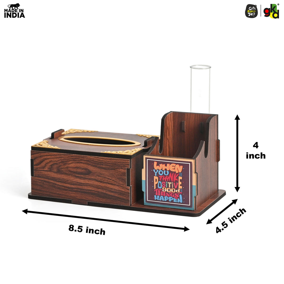 Gift Kya De Wooden Desk Organizer with Tissue Holder and Test Tube Planter, Multipurpose Office and Home Desk Accessory – Customizable with Name and Logo