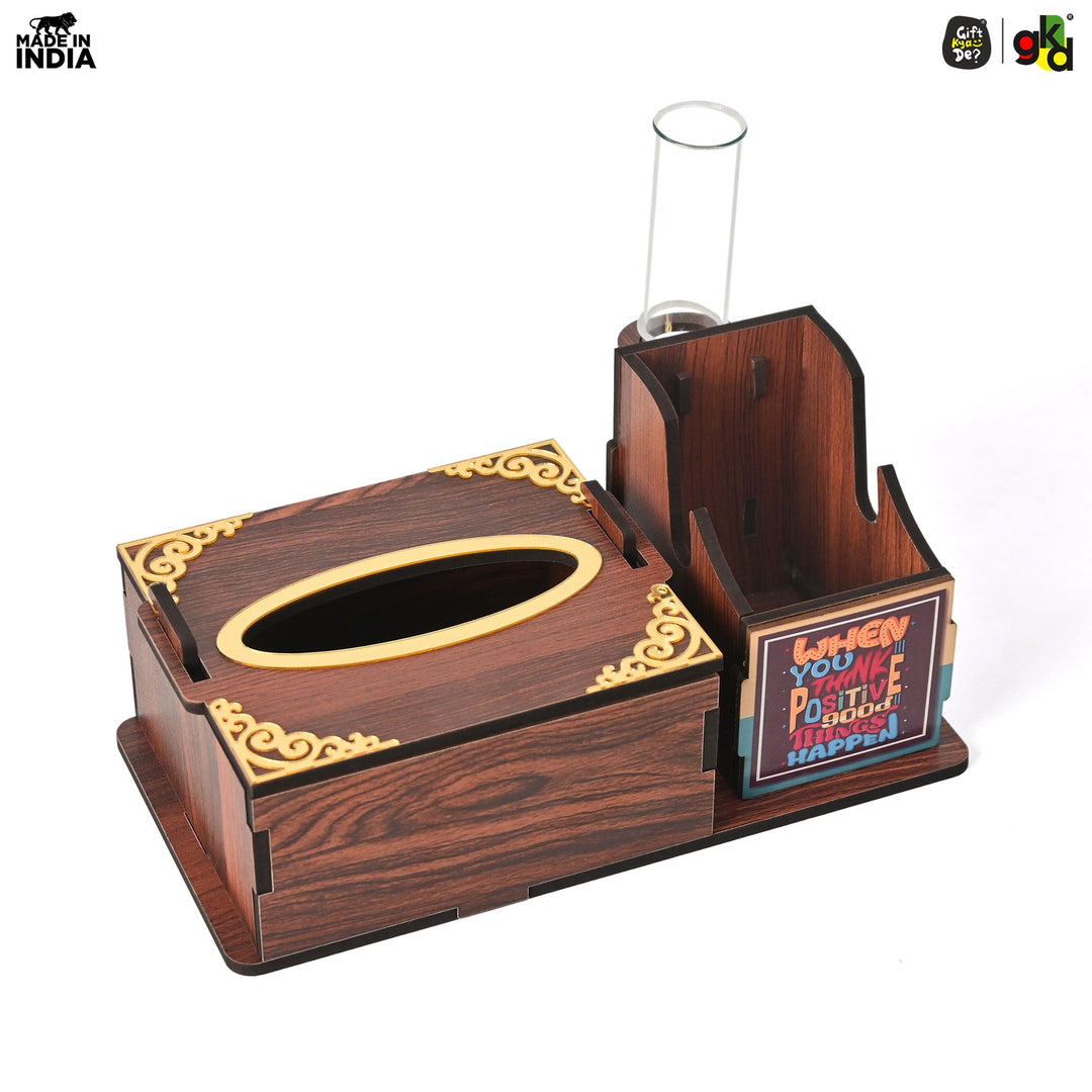 Gift Kya De Wooden Desk Organizer with Tissue Holder and Test Tube Planter, Multipurpose Office and Home Desk Accessory – Customizable with Name and Logo