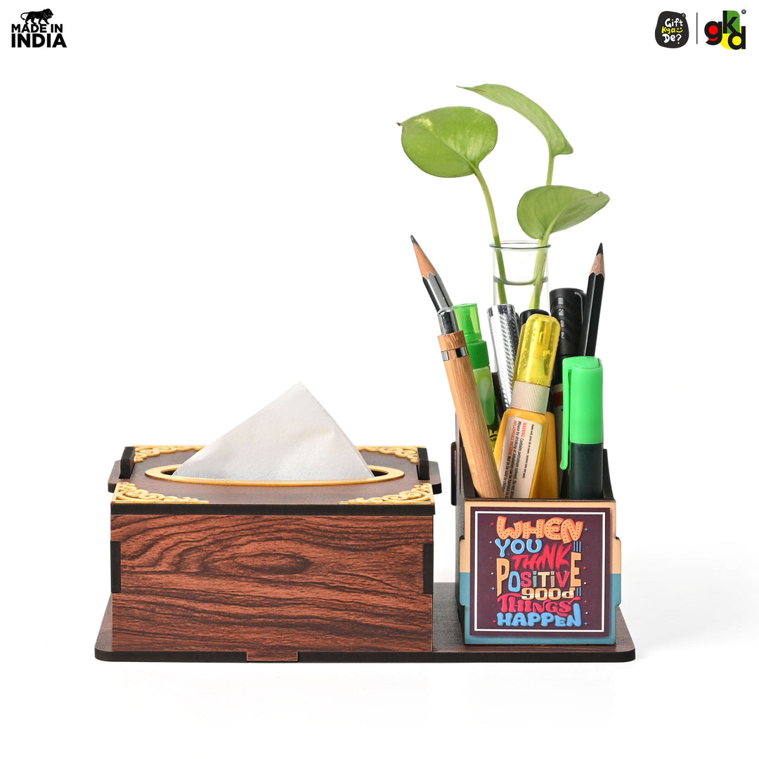Gift Kya De Wooden Desk Organizer with Tissue Holder and Test Tube Planter, Multipurpose Office and Home Desk Accessory – Customizable with Name and Logo