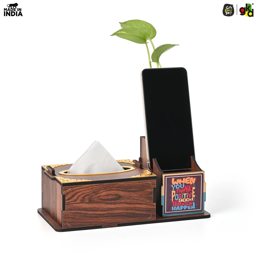 Gift Kya De Wooden Desk Organizer with Tissue Holder and Test Tube Planter, Multipurpose Office and Home Desk Accessory – Customizable with Name and Logo