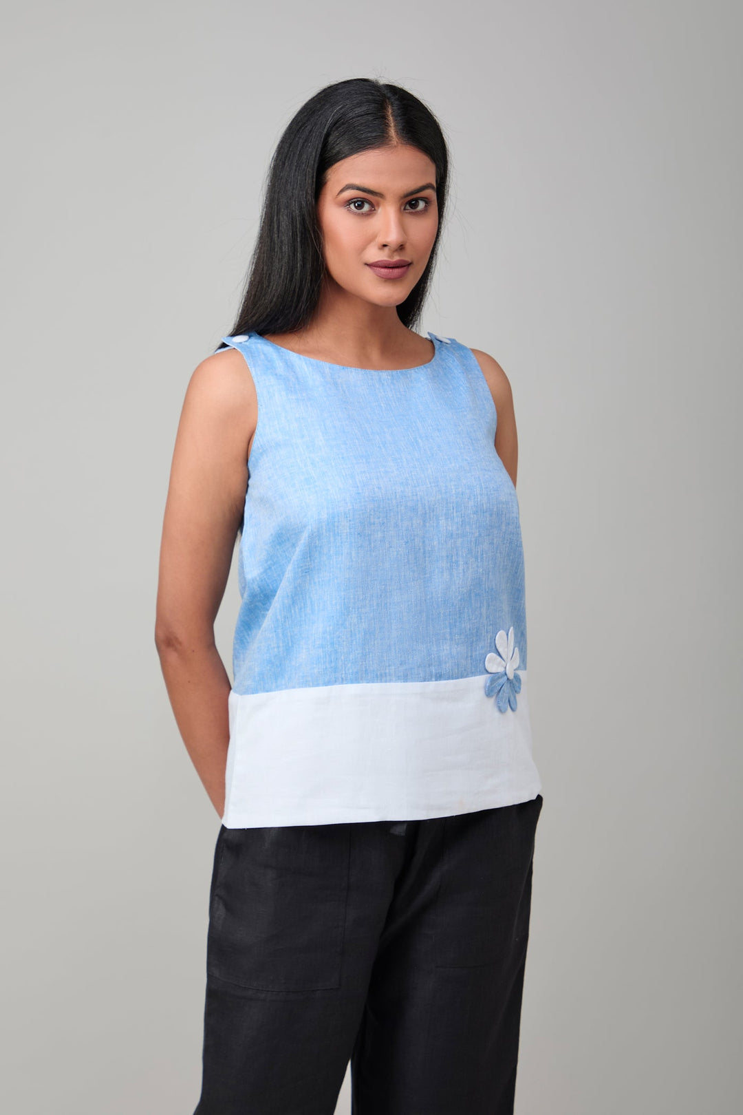 The Label GAIA Hemp And Bamboo Contrast Sleeveless Flower Top