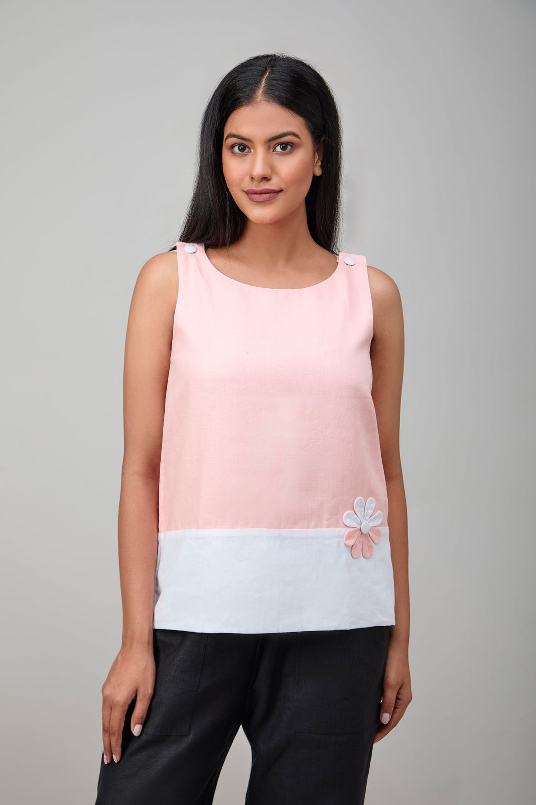 The Label GAIA Hemp And Bamboo Contrast Sleeveless Flower Top