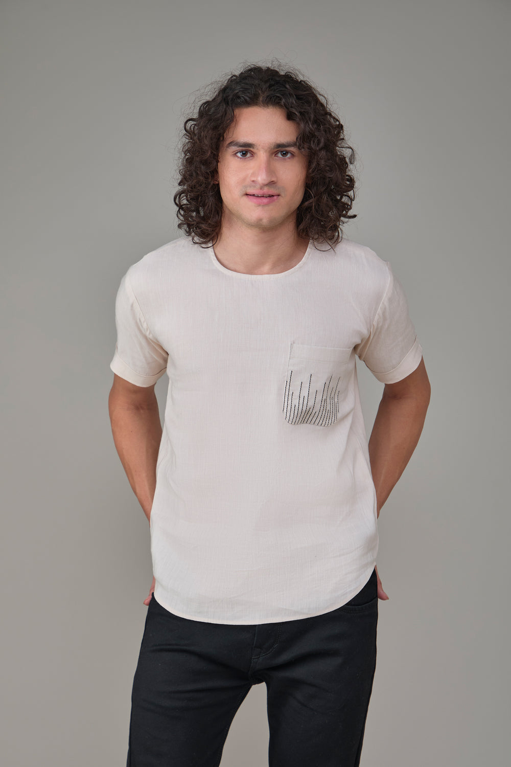 The Label GAIA Men Solid Hemp Beige T-Kurta