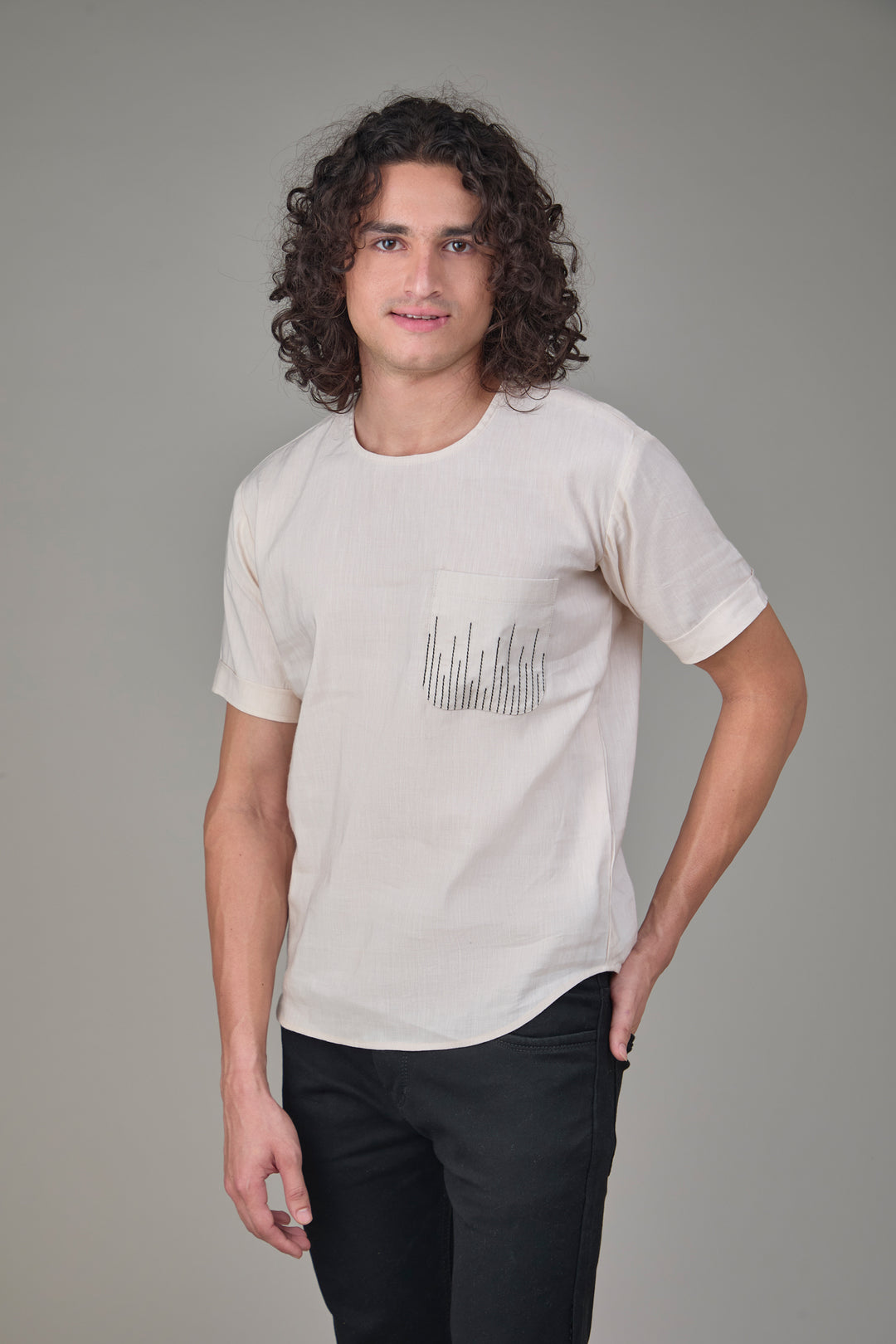 The Label GAIA Men Solid Hemp Beige T-Kurta