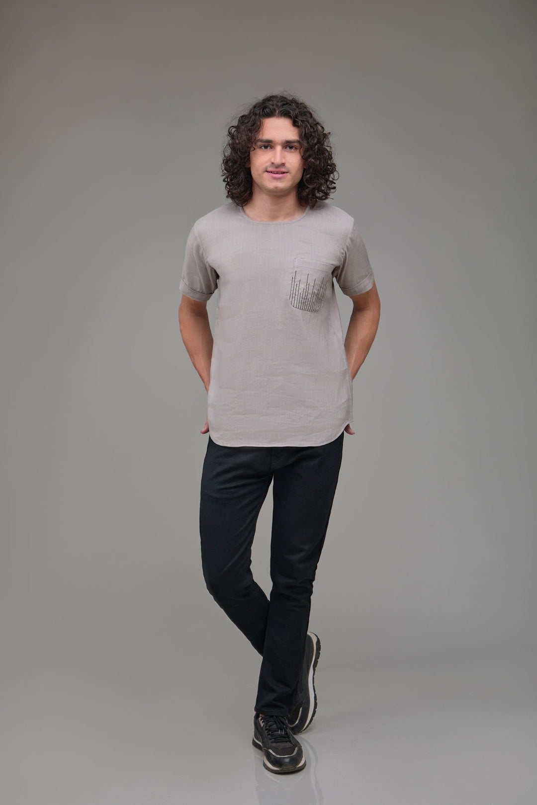 The Label GAIA Men Solid Hemp Grey T-Kurta
