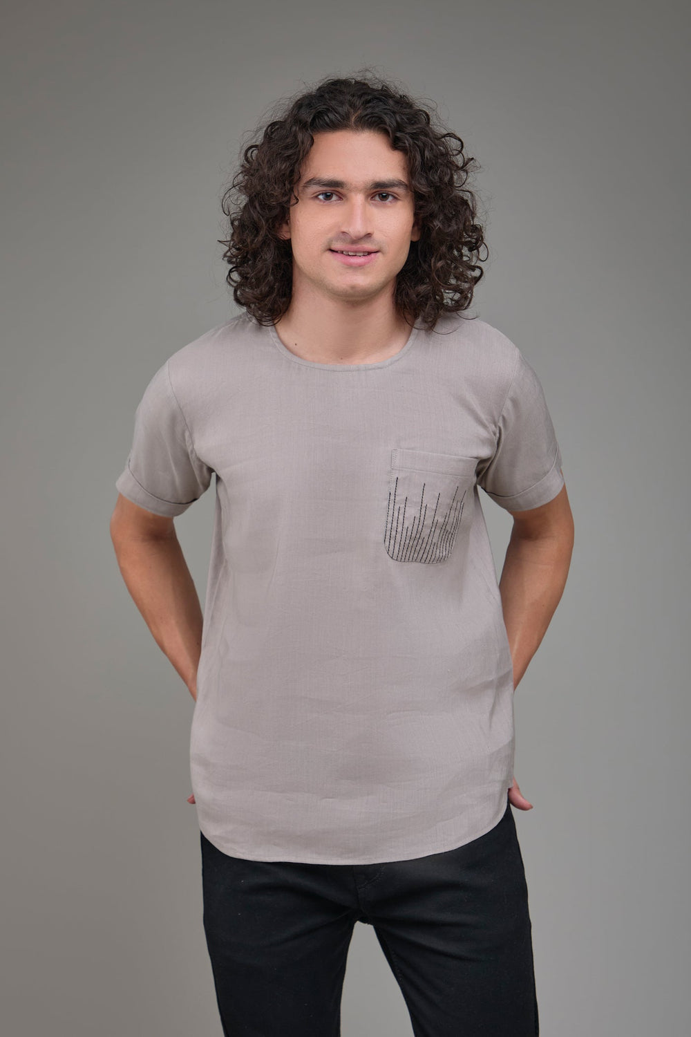 The Label GAIA Men Solid Hemp Grey T-Kurta