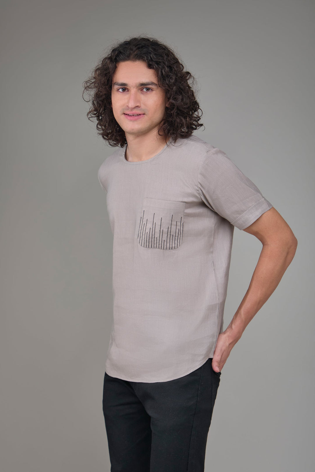 The Label GAIA Men Solid Hemp Grey T-Kurta