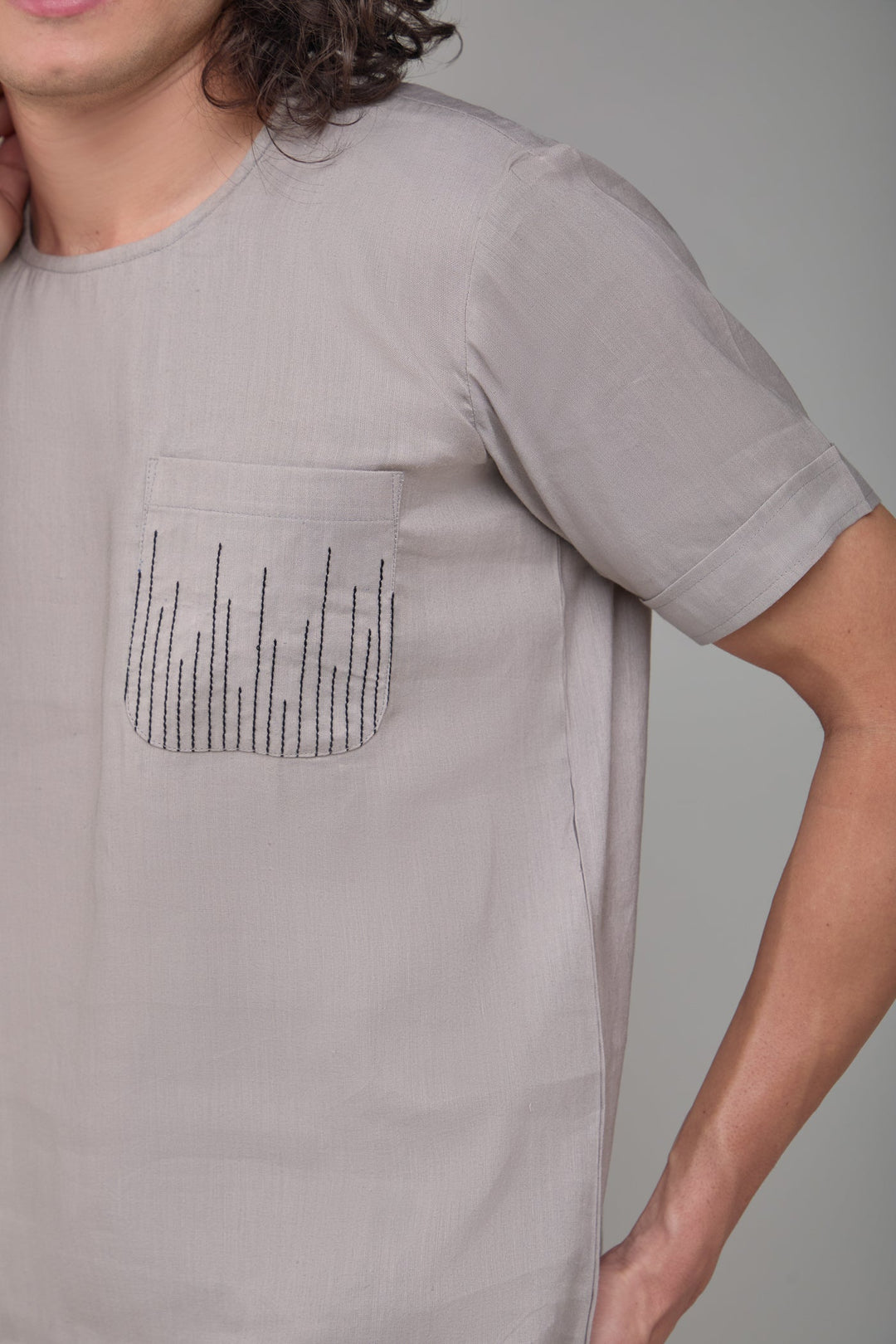 The Label GAIA Men Solid Hemp Grey T-Kurta