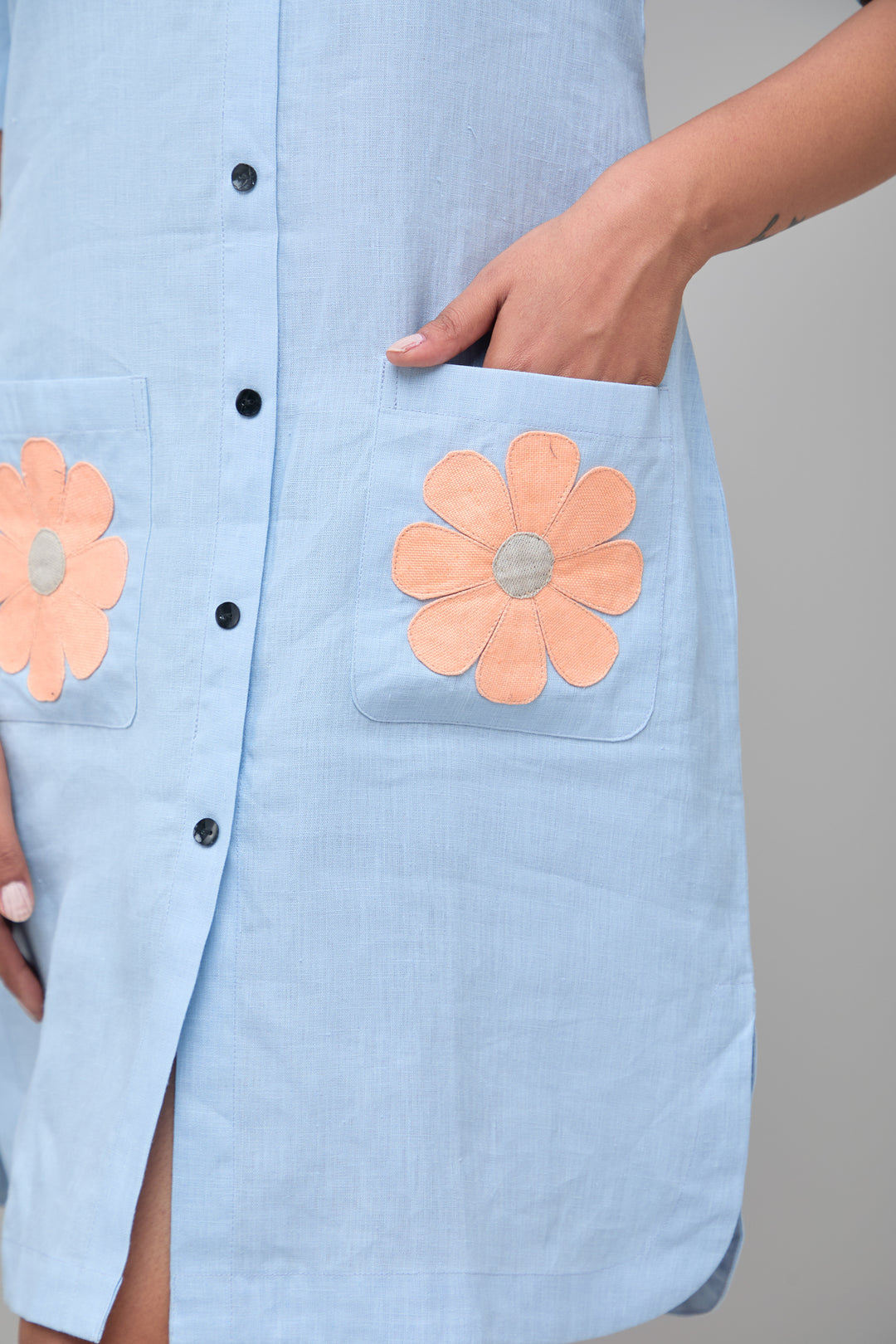 The Label GAIA Hemp Front Button Down Shirt Dress Blue