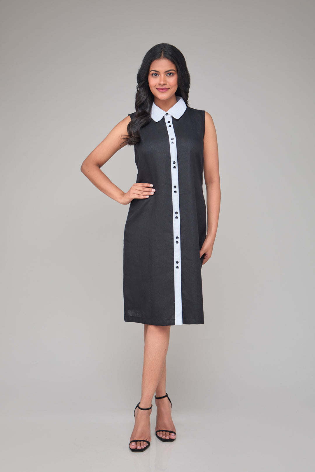 The Label GAIA Hemp Sleeveless Contrast Collar Shift Dress