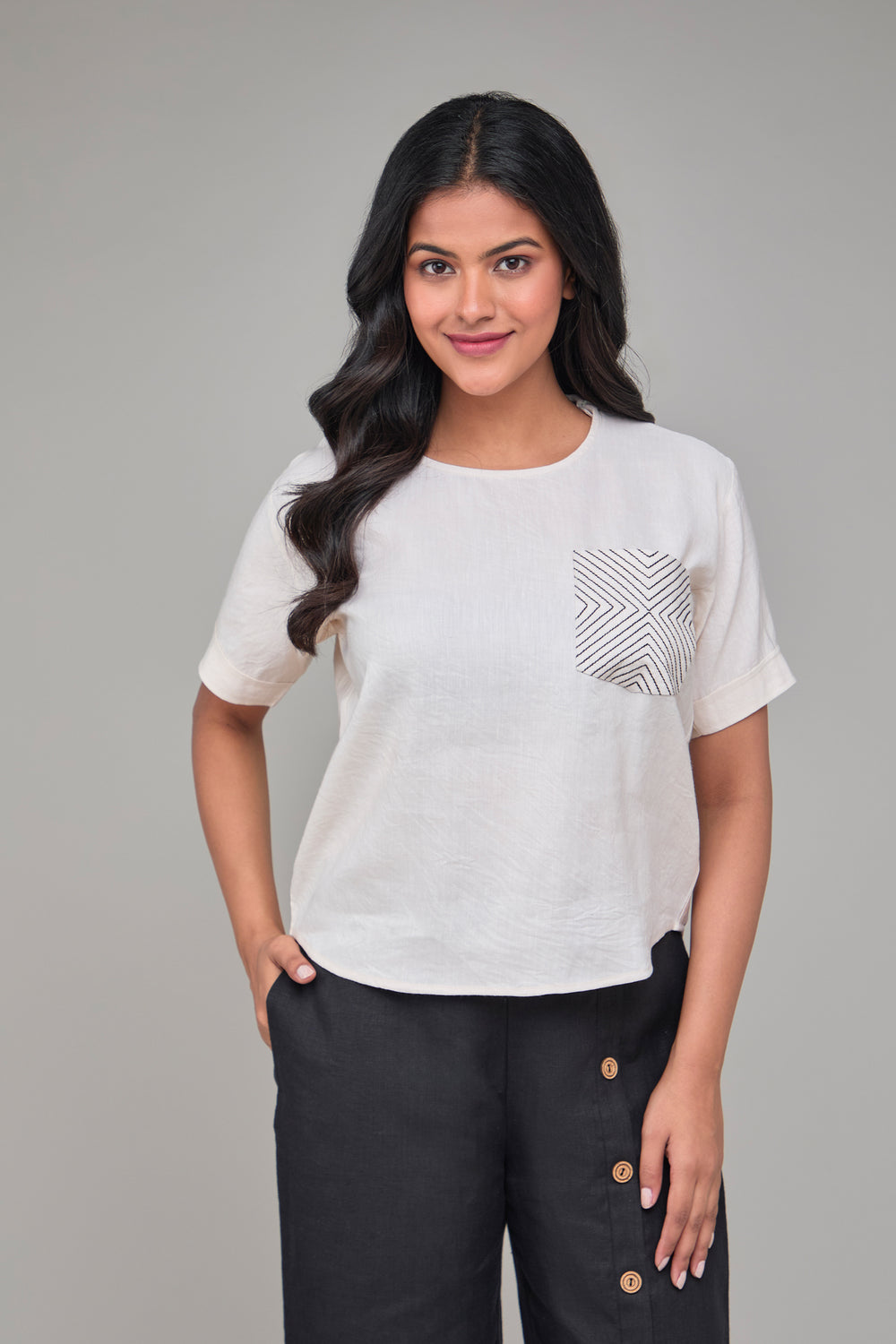 The Label GAIA Hemp Beige T-Kurta With Pocket Pattern