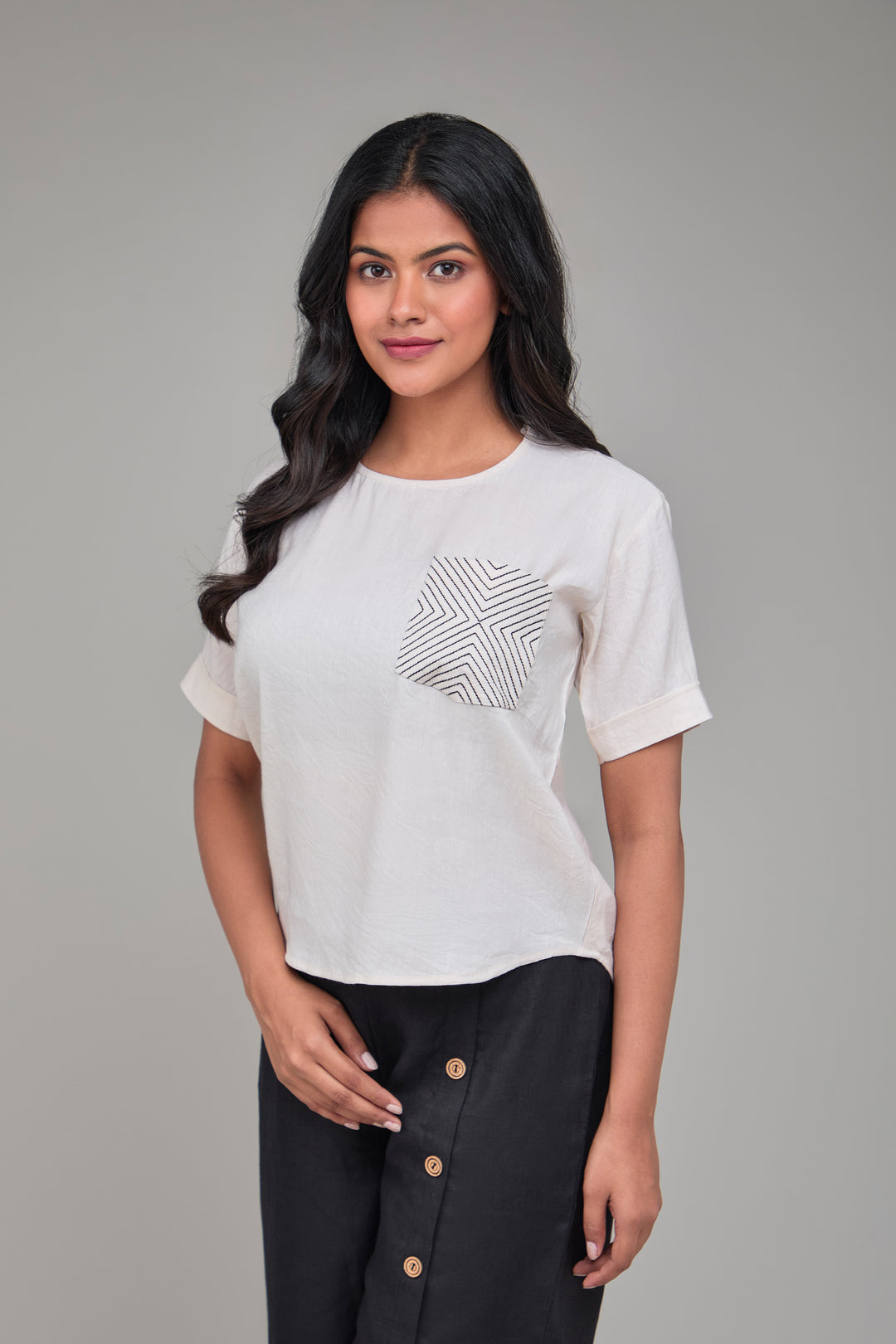 The Label GAIA Hemp Beige T-Kurta With Pocket Pattern