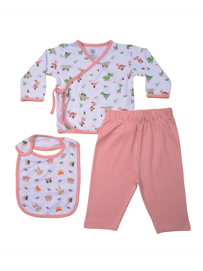 Tiny Lane Giggle Baby Clothing Set - Dino Jhabla, Legging, & Honey Bunny Bib