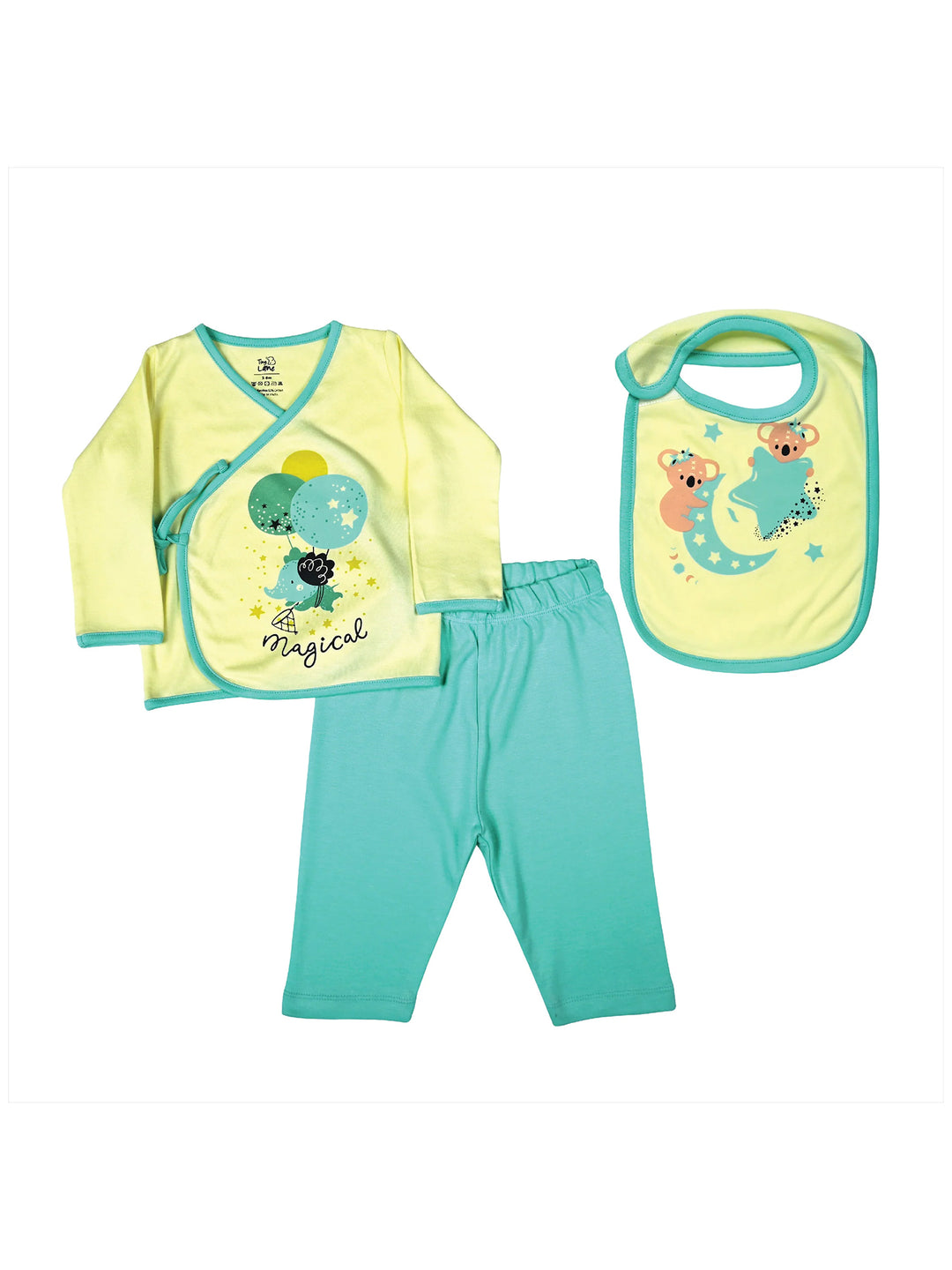 Tiny Lane Sunny Baby Clothing Set - Magical Flite Jhabla, Legging, & Krescent Koala Bib