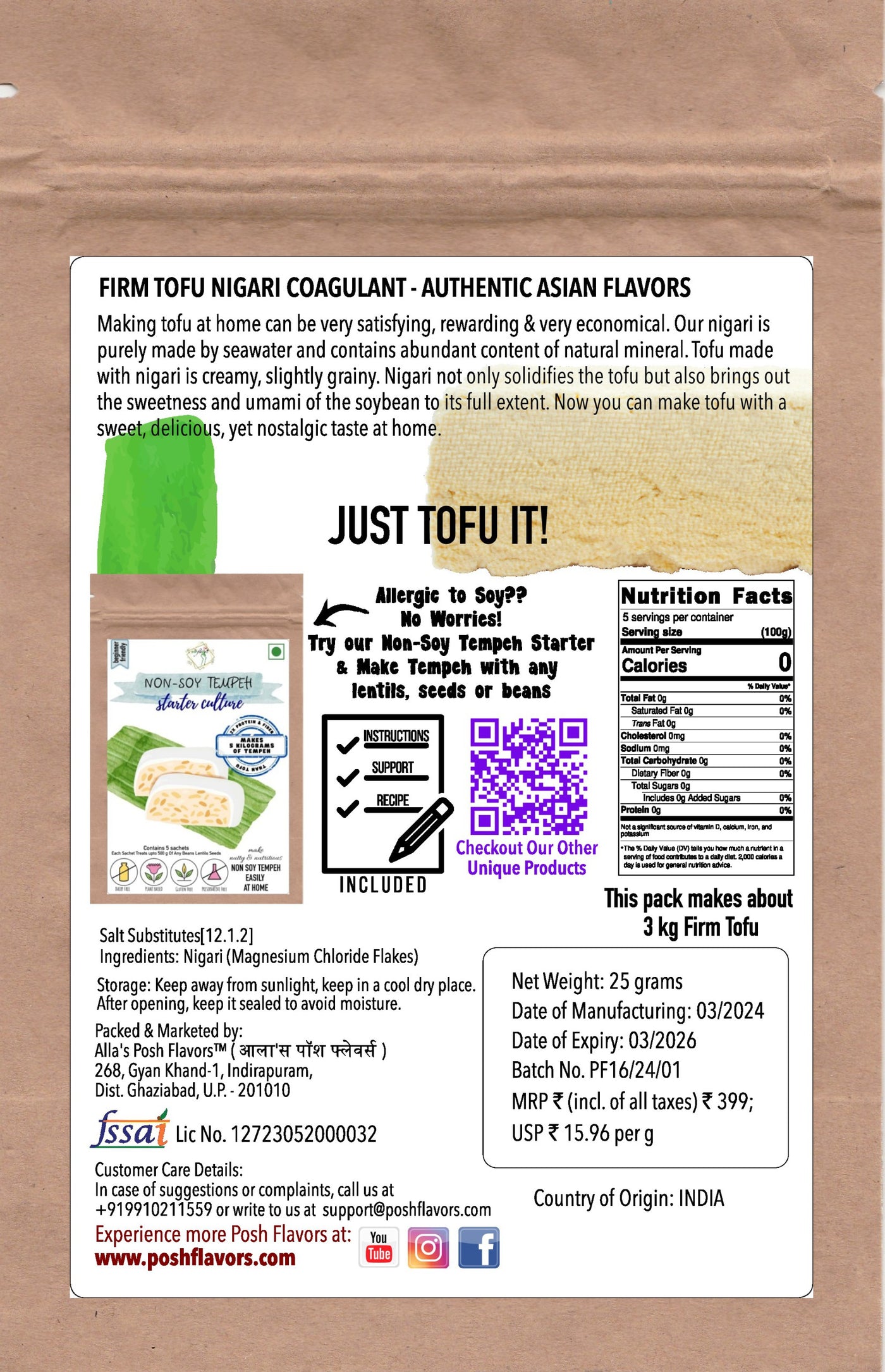 Tofu Coagulant, Nigari, Bittern, Magnesium Salt | Plant-Based| Food Grade | 5 Packs of 5 Grams