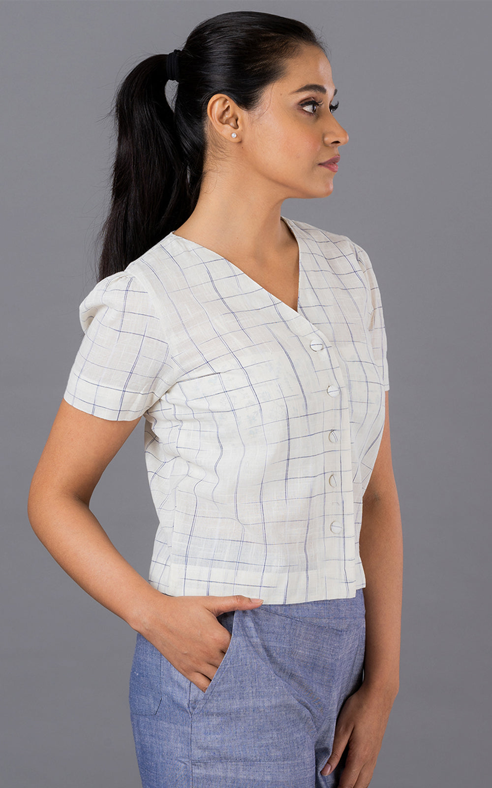 OCAU Blue disappearing check button down top