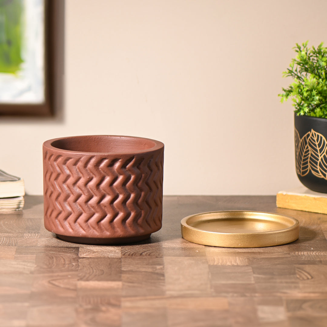 Brown Room/Table Planter with Golden Tray | Handcrafted Terracotta Planter
