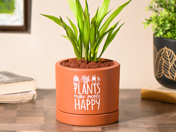 Plants Make People Happy small Table Planter with Tray | Handcrafted Terracotta