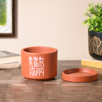 Plants Make People Happy small Table Planter with Tray | Handcrafted Terracotta