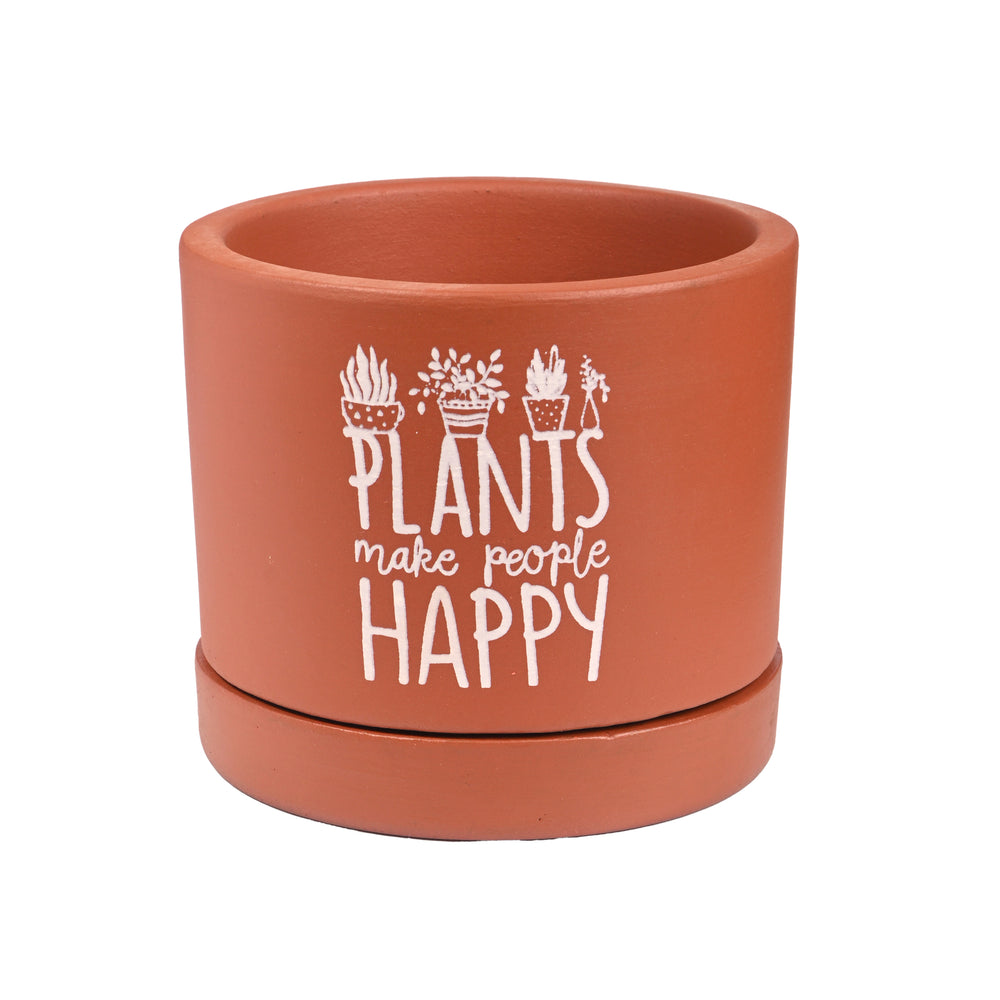 Plants Make People Happy small Table Planter with Tray | Handcrafted Terracotta
