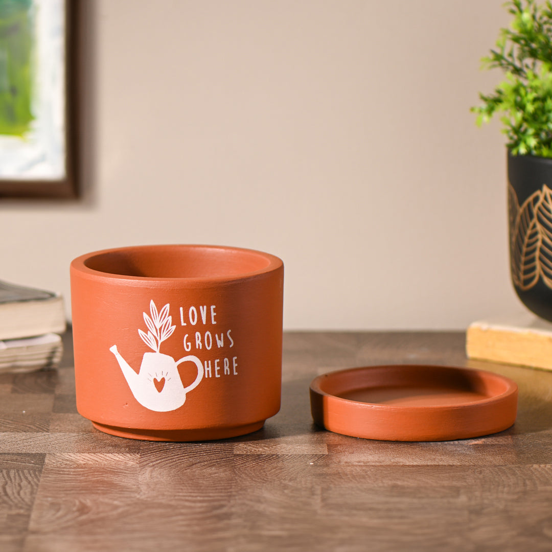 Love Grows here small Room/Table Planter with Tray | Handcrafted Terracotta Planter