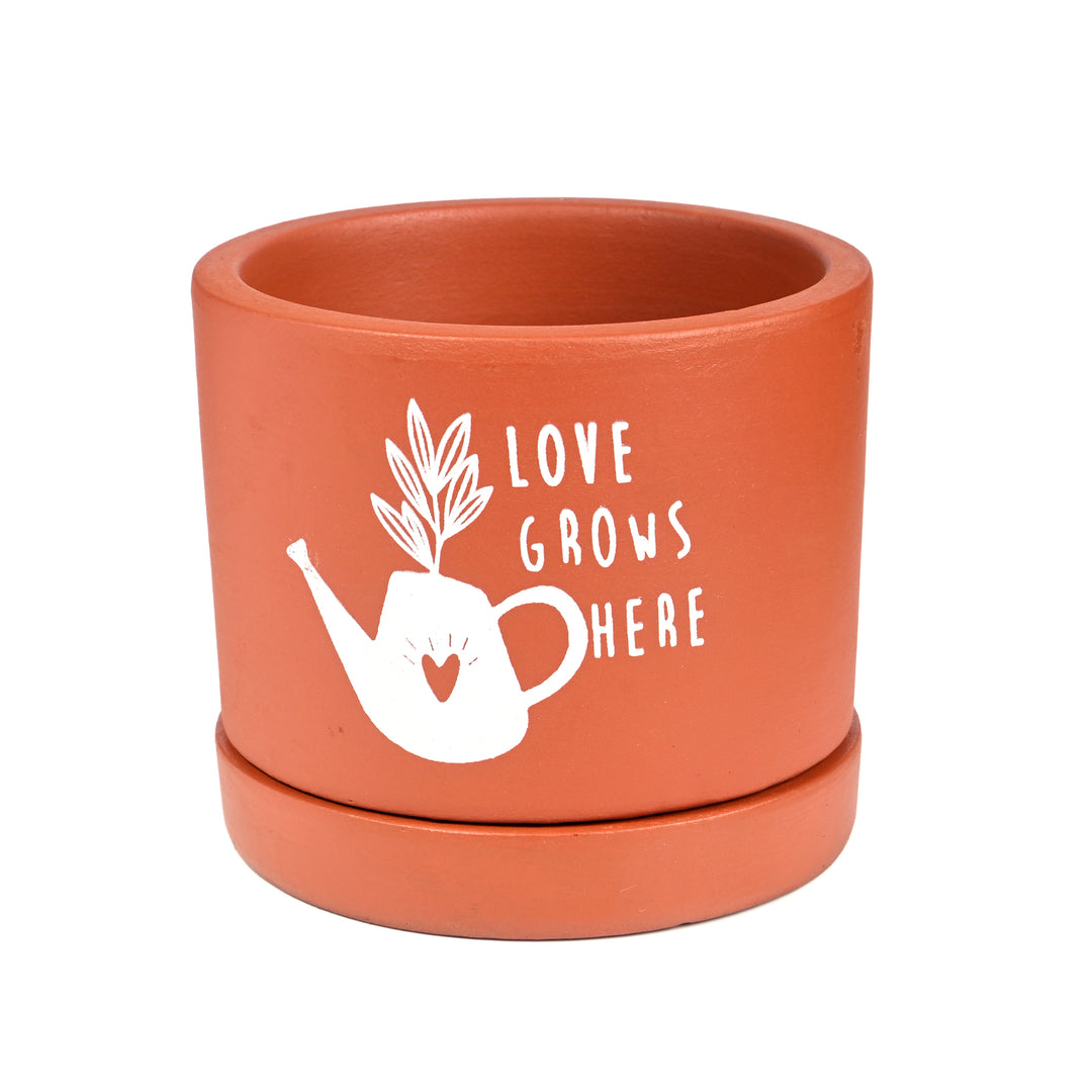 Love Grows here small Room/Table Planter with Tray | Handcrafted Terracotta Planter