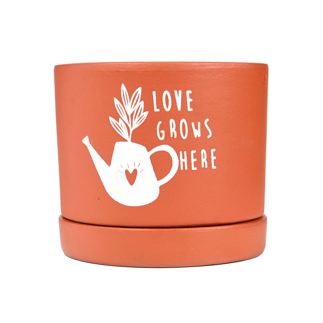 Love Grows here small Room/Table Planter with Tray | Handcrafted Terracotta Planter