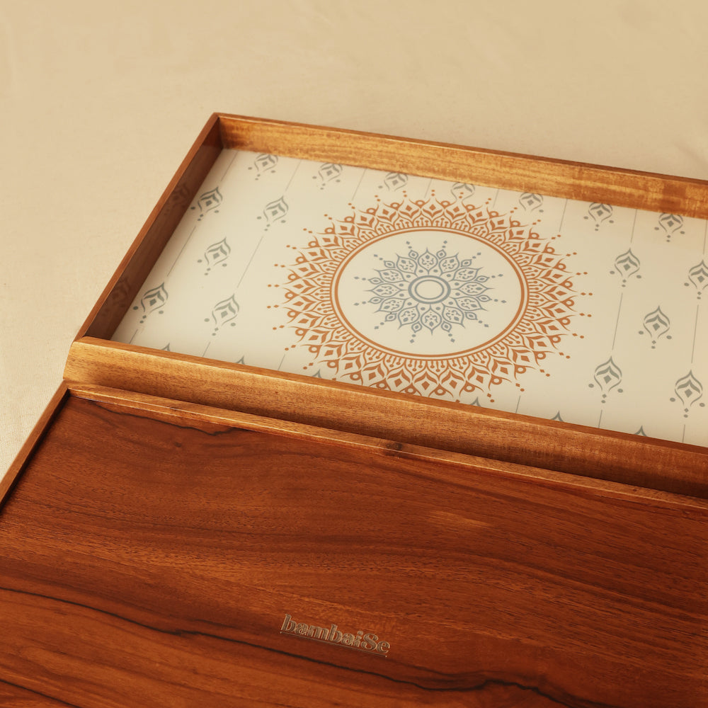 BambaiSe Rectangle Tray Teak Brown Mandala
