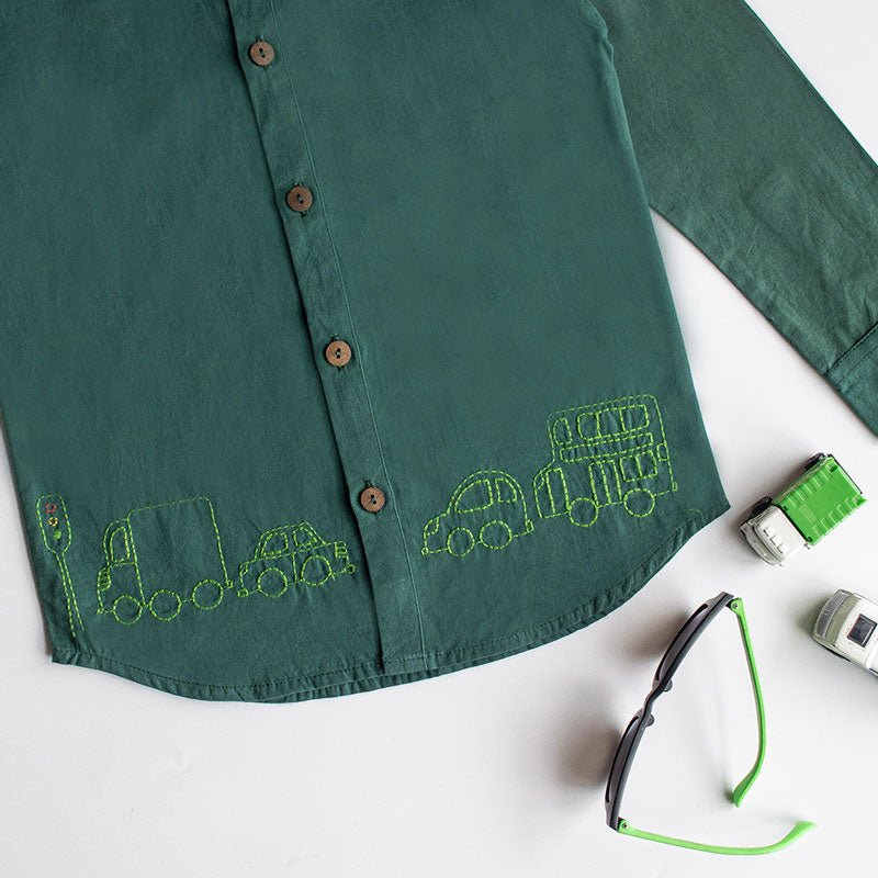 Traffic Embroidered Formal Shirt - Bottle Green - Suspire