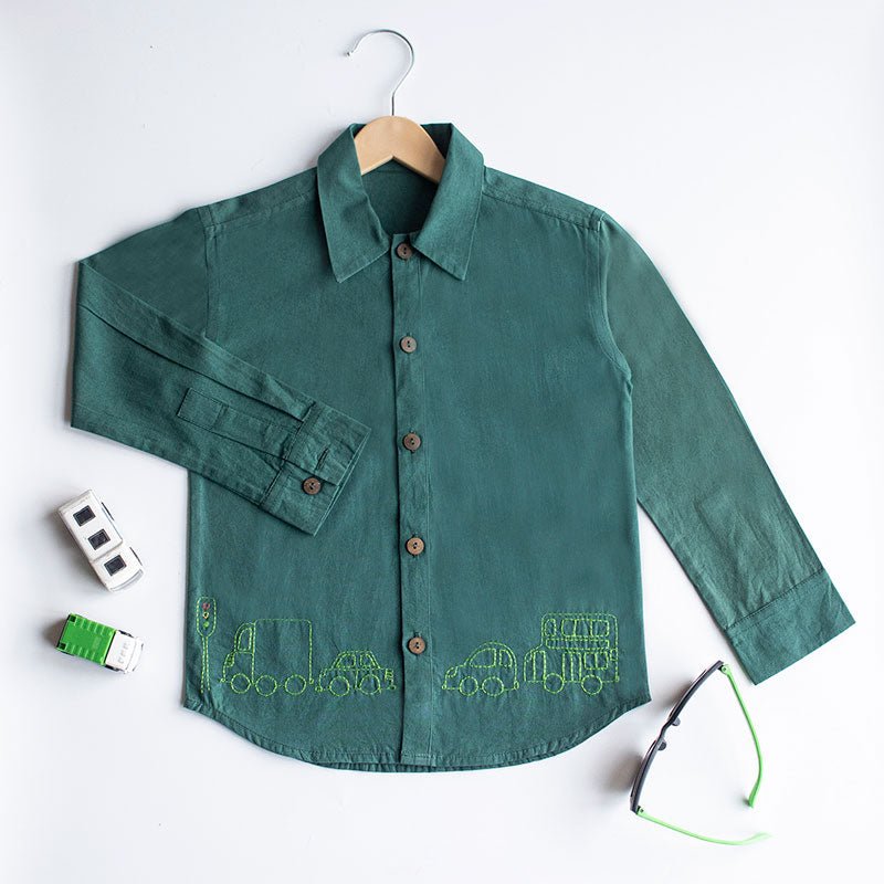 Traffic Embroidered Formal Shirt - Bottle Green - Suspire