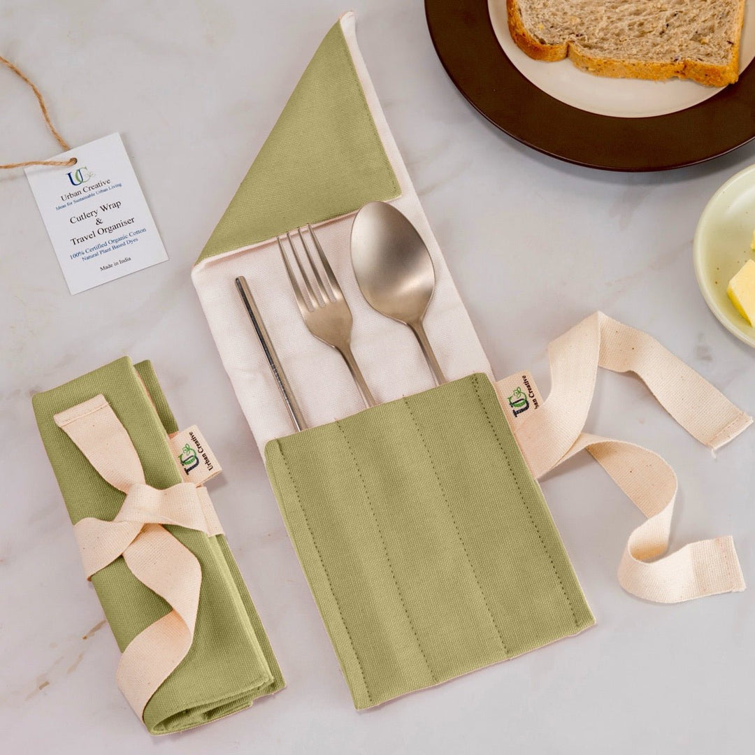 Travel Cutlery Wrap /Organizer Roll Up in organic cotton in solid pastel colours - Suspire
