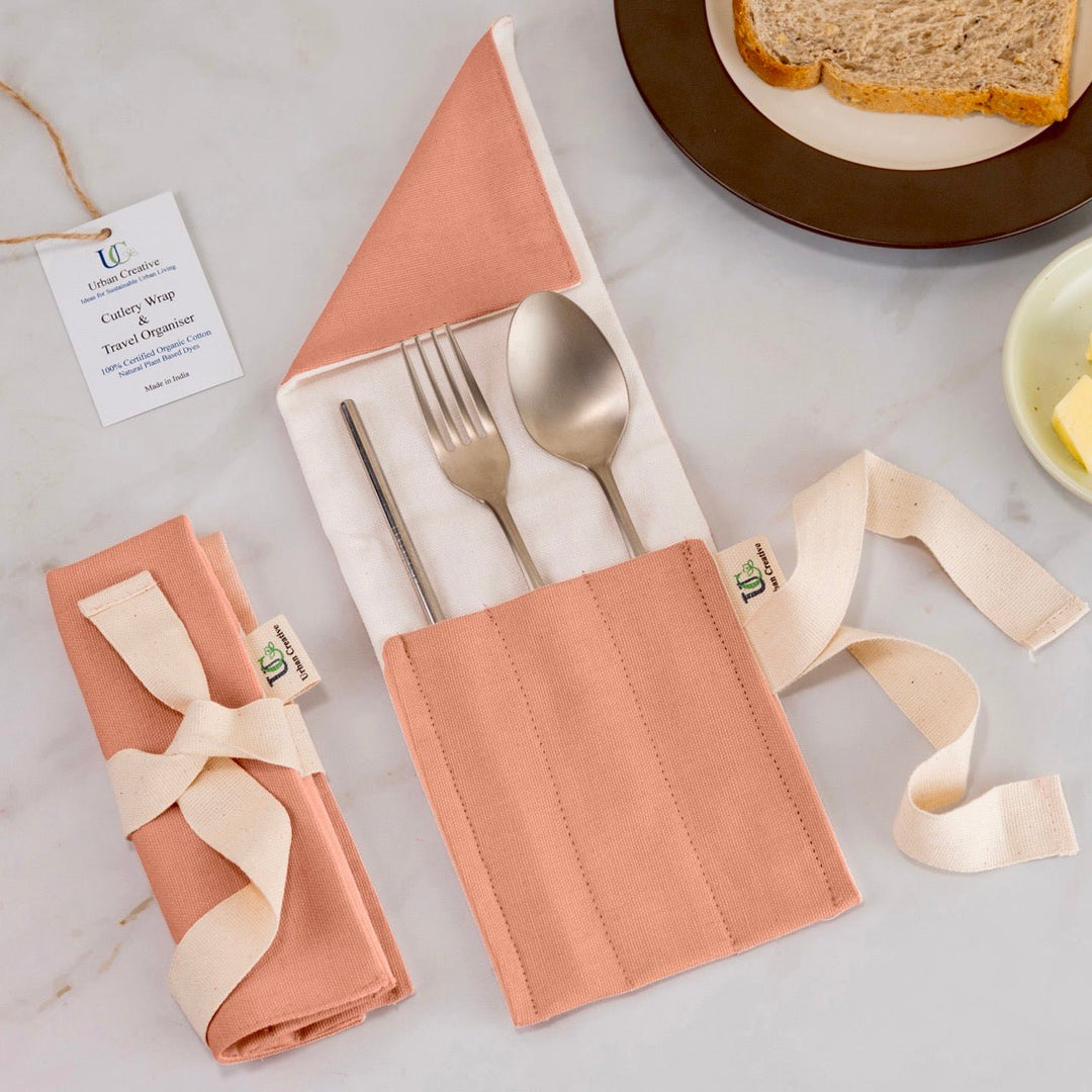 Travel Cutlery Wrap /Organizer Roll Up in organic cotton in solid pastel colours - Suspire
