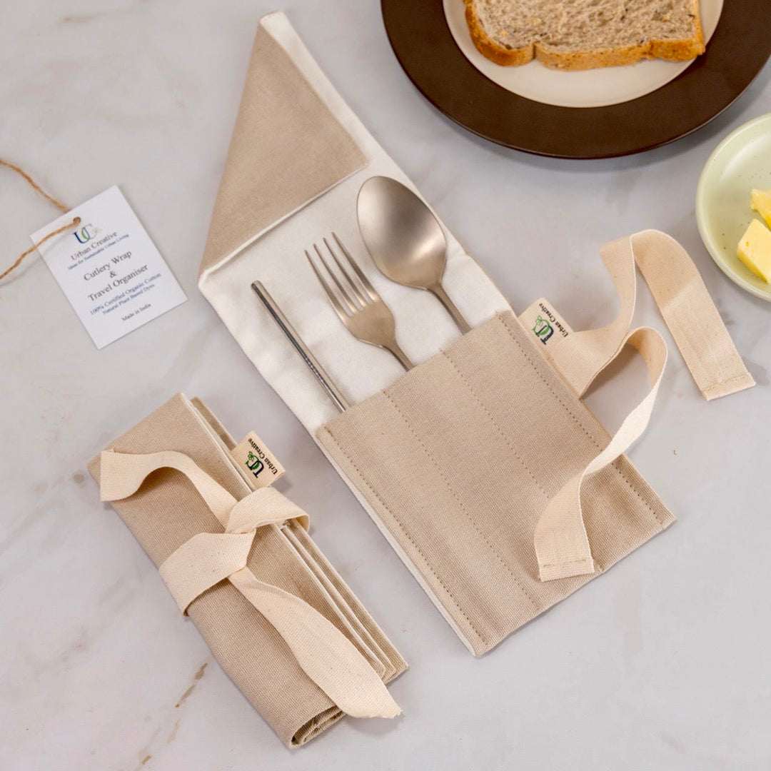 Travel Cutlery Wrap /Organizer Roll Up in organic cotton in solid pastel colours - Suspire