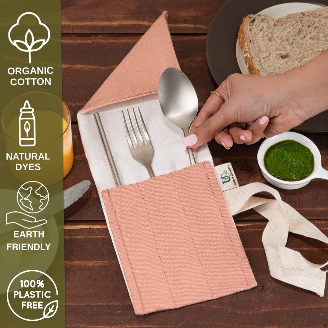 Travel Cutlery Wrap /Organizer Roll Up in organic cotton in solid pastel colours - Suspire