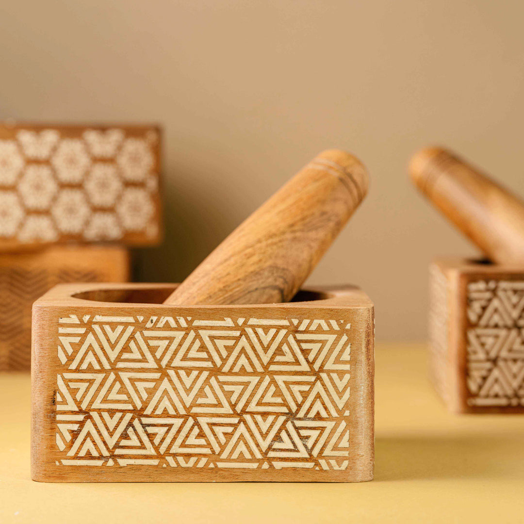 Araana Home Trikon Okhli Engraved Wooden Mortar Pestle Set