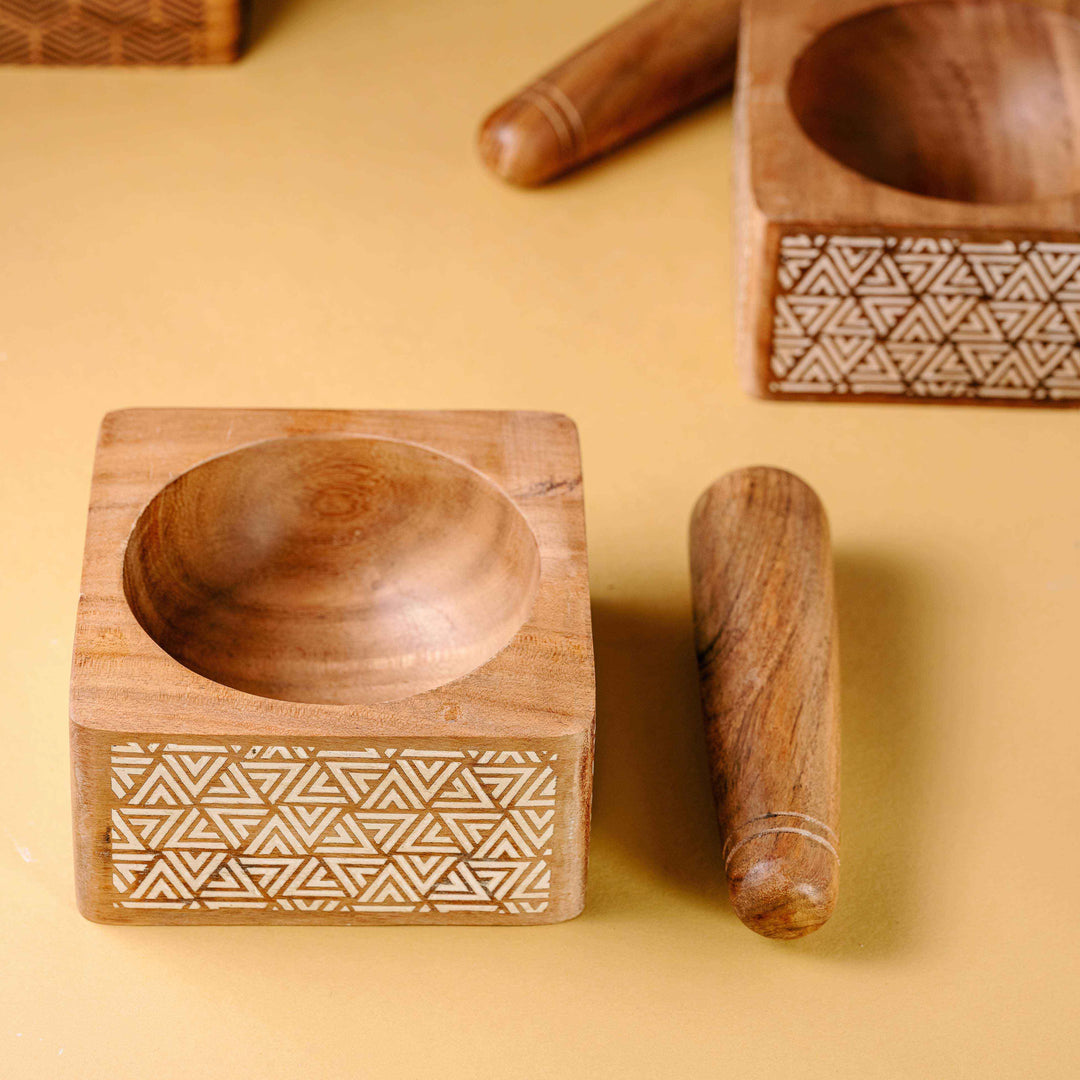 Araana Home Trikon Okhli Engraved Wooden Mortar Pestle Set