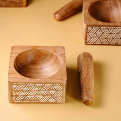 Araana Home Trikon Okhli Engraved Wooden Mortar Pestle Set