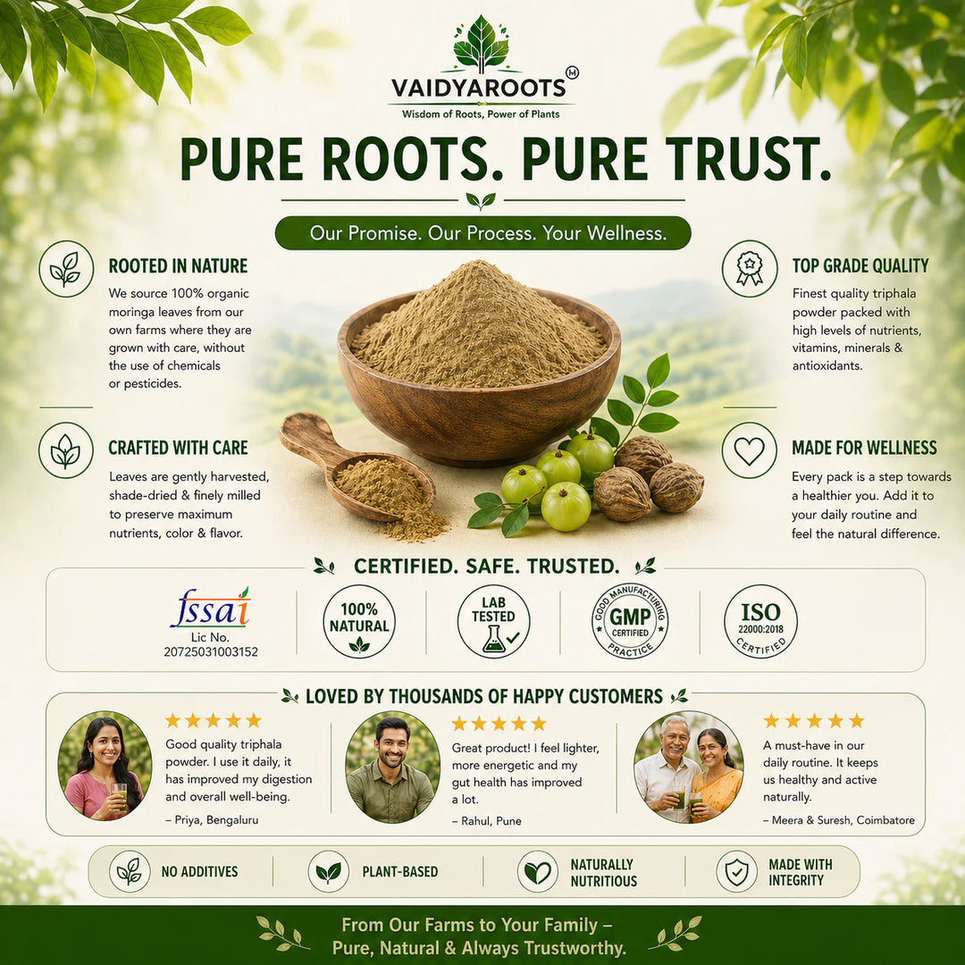VaidyaRoots Triphala Powder | 100% Pure Ayurvedic Blend | Amla, Haritaki, Bibhitaki | Supports Digestion, Detox & Gut Health | Natural & Chemical-Free