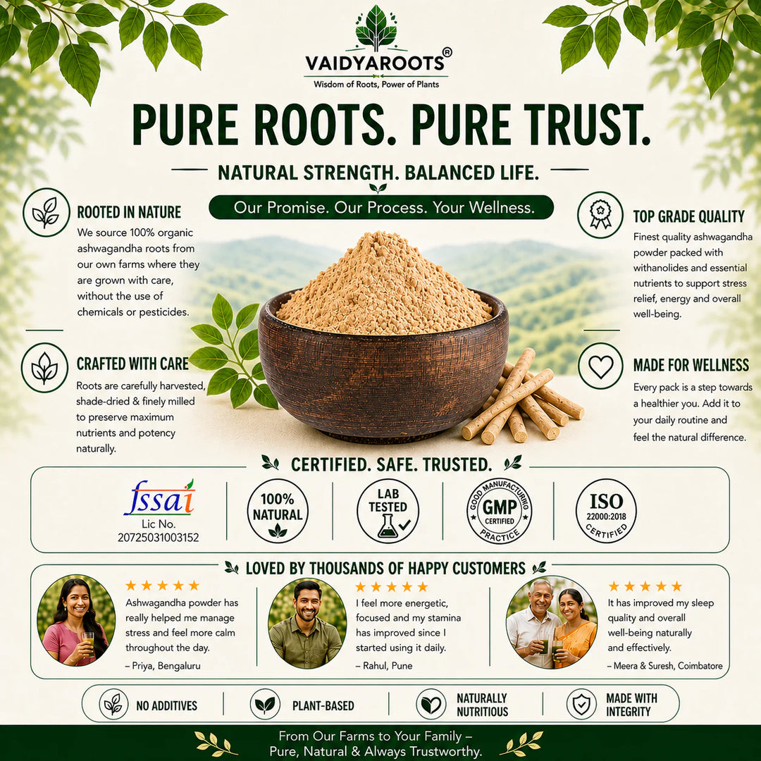 VaidyaRoots Ashwagandha Root Powder | Superfood for Stress Relief, Better Sleep & Stamina Support | Withania Somnifera | Lab Tested