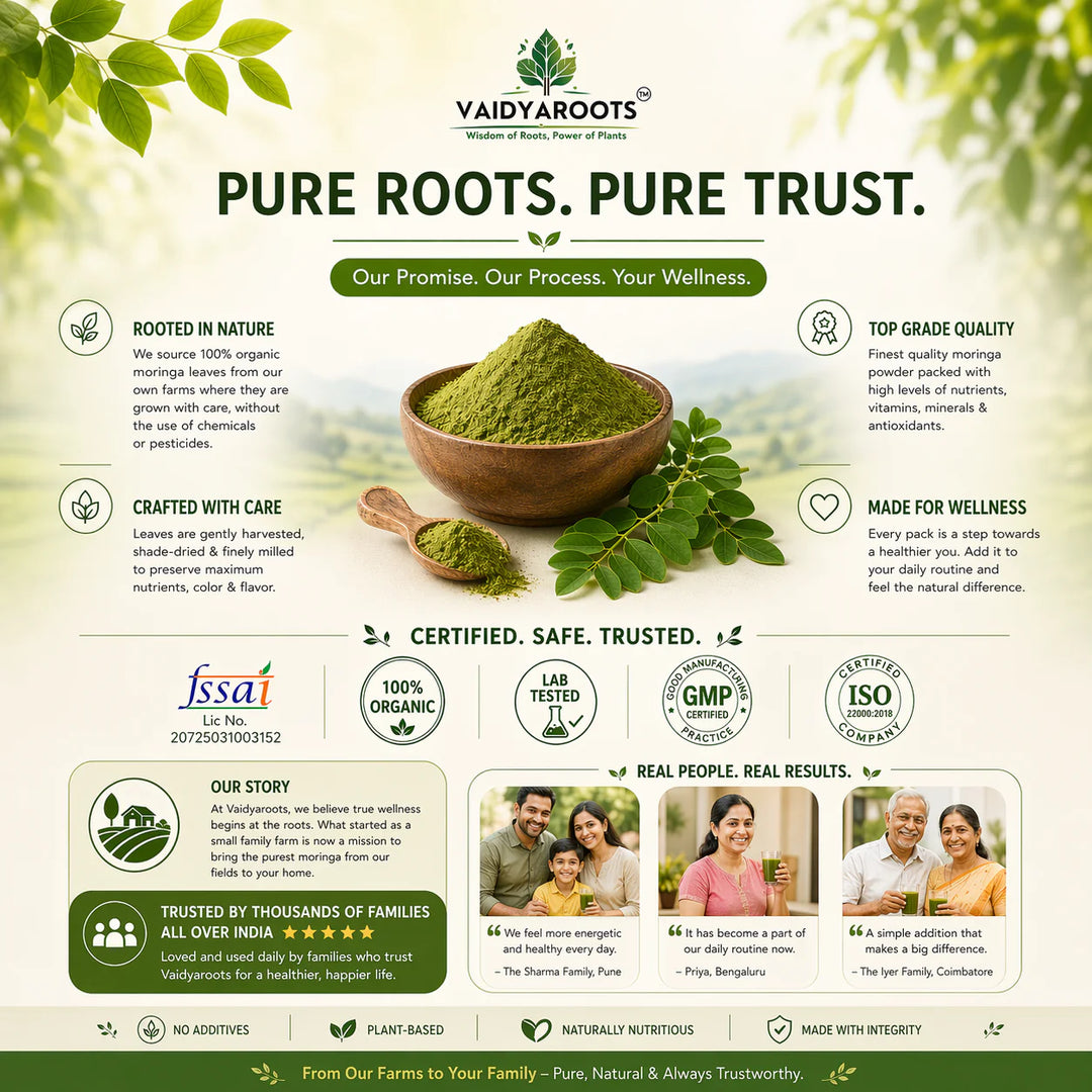 VaidyaRoots Moringa Leaf Powder – Feel Natural Energy Daily | Supports Filling Hidden Nutrient Gaps | 100% Pure & Lab-Tested Superfood